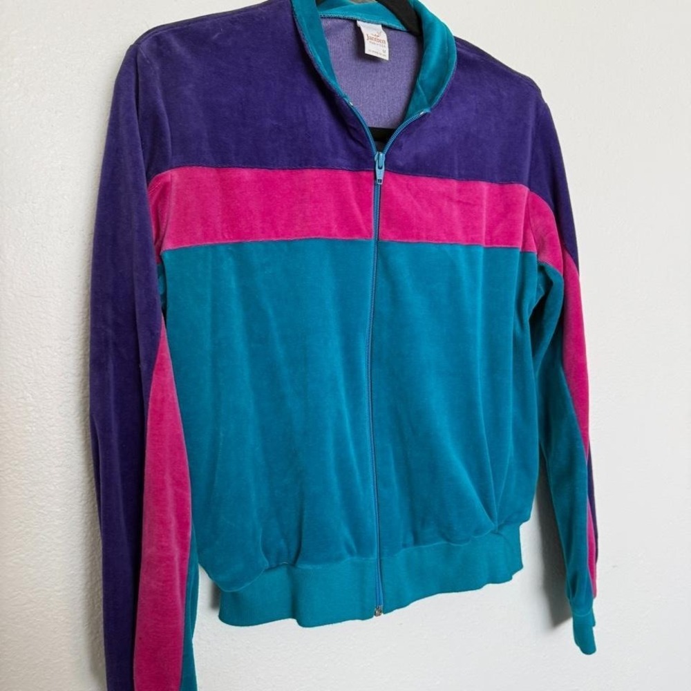 Vintage Jantzen Velour Colorblock Zip Up Track Jacket Made USA - Picture 2 of 8